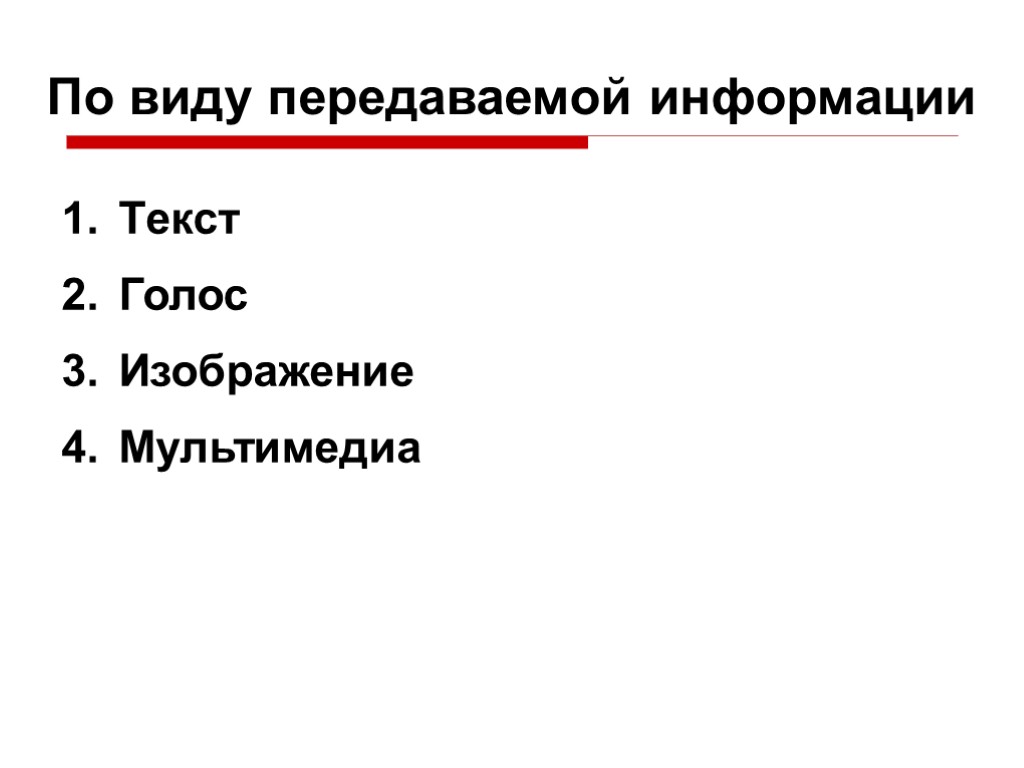 По виду передаваемой информации Текст Голос Изображение Мультимедиа